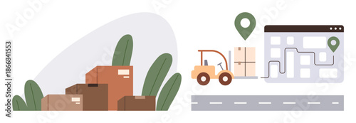 Logistics, shipping, delivery routes, warehouse management, cargo distribution, supply chain. Stack of boxes, forklift moving and map route with location pins. Logistics and shipping concepts