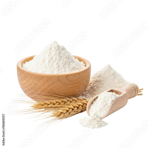 Mound of fine white wheat flour in light wooden bowl with scoop, dried golden wheat ears, macro details on transparent background, concept of natural baking ingredients
