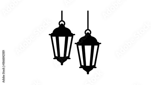 Two black lanterns hanging from poles against a white background.