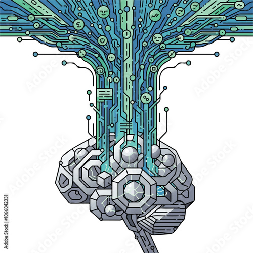 Detailed illustration of a robotic brain with circuit board design and metallic components on a white background with a futuristic mood.
