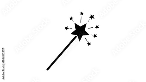 Black magic wand with star and sparkles illustration.