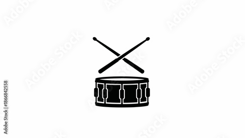 Simple black and white illustration of a drum with crossed drumsticks.