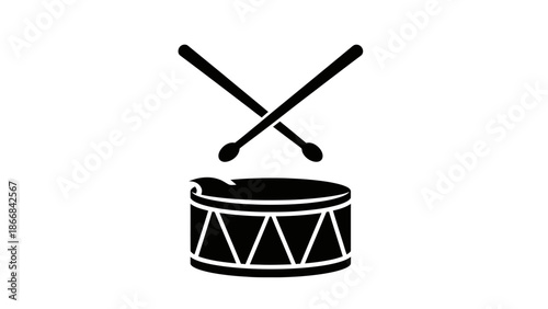 Simple black and white drum icon with crossed drumsticks.