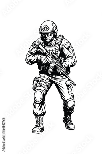 Armed Soldier Tactical Illustration, Black and White Military Line Art Character Design