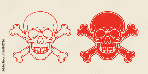 Skull and Crossbones Line Art and Stencil Vector Illustration