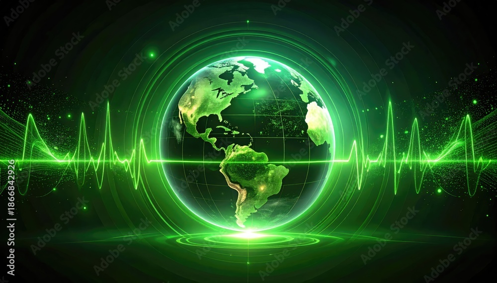 Obraz premium Global Harmony: A glowing representation of the world, encircled by pulsating energy waves, representing the interconnectedness of global health and environmental consciousness.