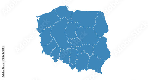 A blue silhouette map of Poland with the borders of its voivodeships, isolated on a clean white background for presentations.