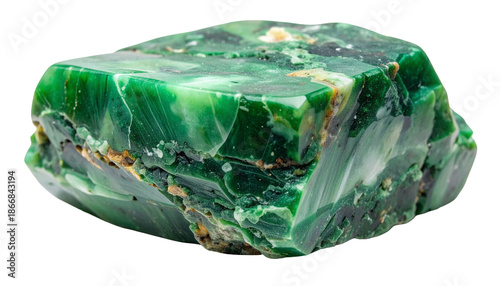Vibrant green gemstone displays rough texture and reflective surfaces