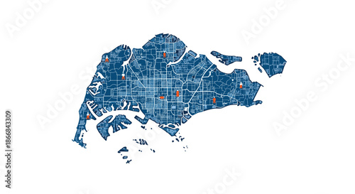 A dark blue tech-style map of Singapore with a digital grid and location markers, illustrating connectivity and a smart city concept.
