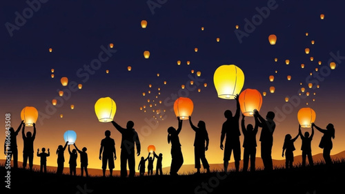 People Releasing Lanterns at Dusk