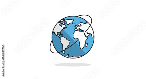 A whimsical cartoon illustration of planet Earth as a globe with orbital lines, symbolizing global connection, travel, and communication.