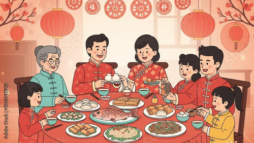 A cartoon illustration of a family gathered around a table for a festive meal