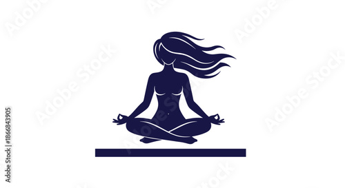 A graceful dark blue silhouette of a woman with flowing hair sitting in the lotus yoga pose, representing mindfulness, wellness, and serenity.