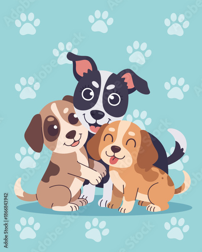 Three Cute Puppies Sitting Together on a Light Blue Background