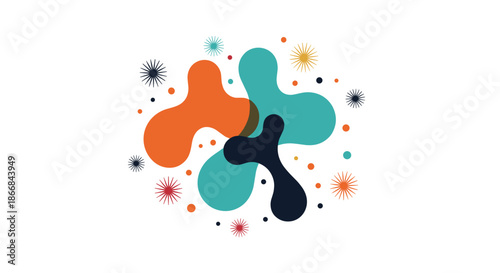 A cheerful abstract design with overlapping translucent organic shapes in orange, blue, and navy, accented with colorful dots and stars.