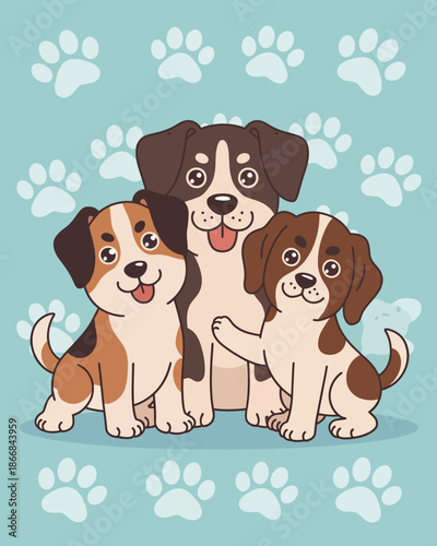 Three Happy Brown and White Puppies Sitting Together
