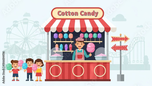 A colorful illustration of a cotton candy stand at an amusement park with a vendor and children enjoying sweets