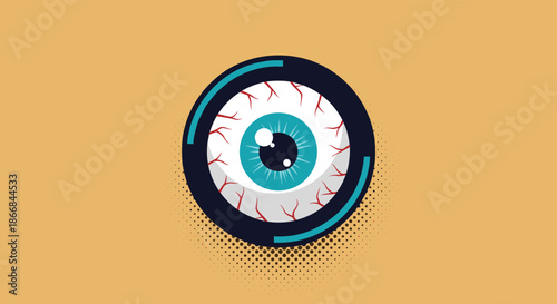 A stylized graphic icon of a bloodshot eyeball inside a dark circle with a halftone pattern, representing vision, stress, or horror.