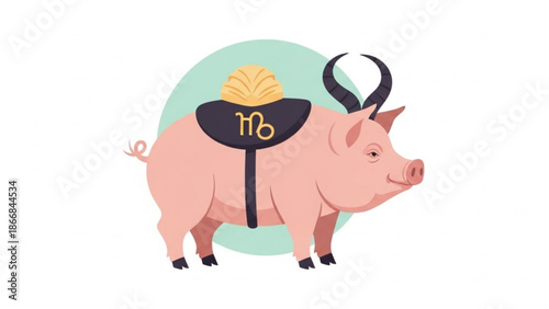 A vector graphic illustration of a pig with a zodiac symbol and horns, representing a unique blend of astrology and animal design