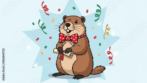 A cartoon beaver wearing a red bow tie and holding a scroll in a celebratory scene with confetti and stars