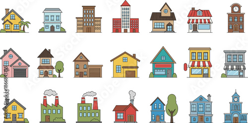 Colorful vector city buildings set, residential houses and commercial shops, modern town architecture icons collection for web design and illustration