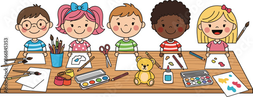Happy kids painting together in art class illustration, creative children drawing at table, school craft activity, colorful education concept