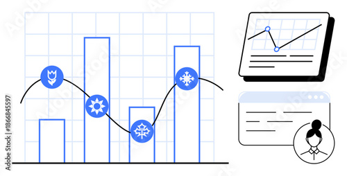 Bar chart with seasonal icons, line graph overlay, data trends tablet, and user profile. Ideal for business, marketing, analysis, reporting finance research education. Simple flat metaphor