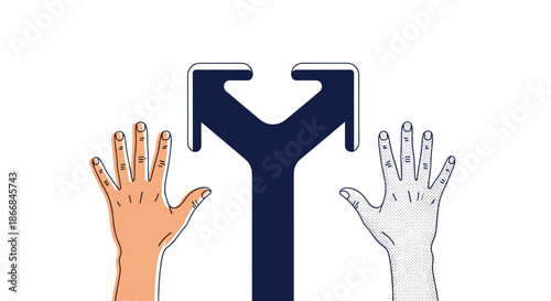 A conceptual illustration of choice and decision-making, showing two hands reaching towards a forked arrow pointing in opposite directions.