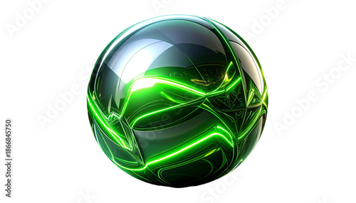 Glossy, reflective sphere with interwoven neon green energy lines