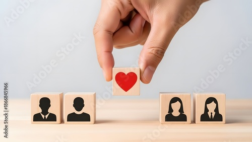 A hand places a wooden block with a red heart symbol between groups of male and female silhouette blocks.