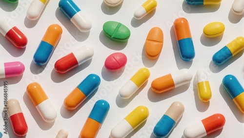 Colorful Pills and Capsules on White Background.