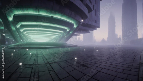 Futuristic Cityscape with Glowing Structures and Misty Atmosphere.