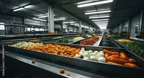 Industrial vegetable processing facility.  Conveyor belts laden with various chopped vegetables