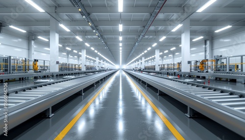 Long, modern, and empty industrial factory interior with conveyor belts extending into the distance under bright overhead lighting, featuring a reflective floor and automated machinery.