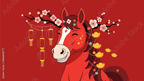 Illustration of a smiling red horse with cherry blossoms and lanterns for Chinese New Year or Day celebration on a red background.