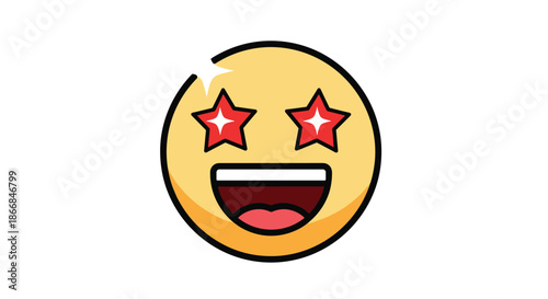 Excited star-struck emoji with sparkling red stars for eyes and a big open-mouthed smile, isolated on white background.