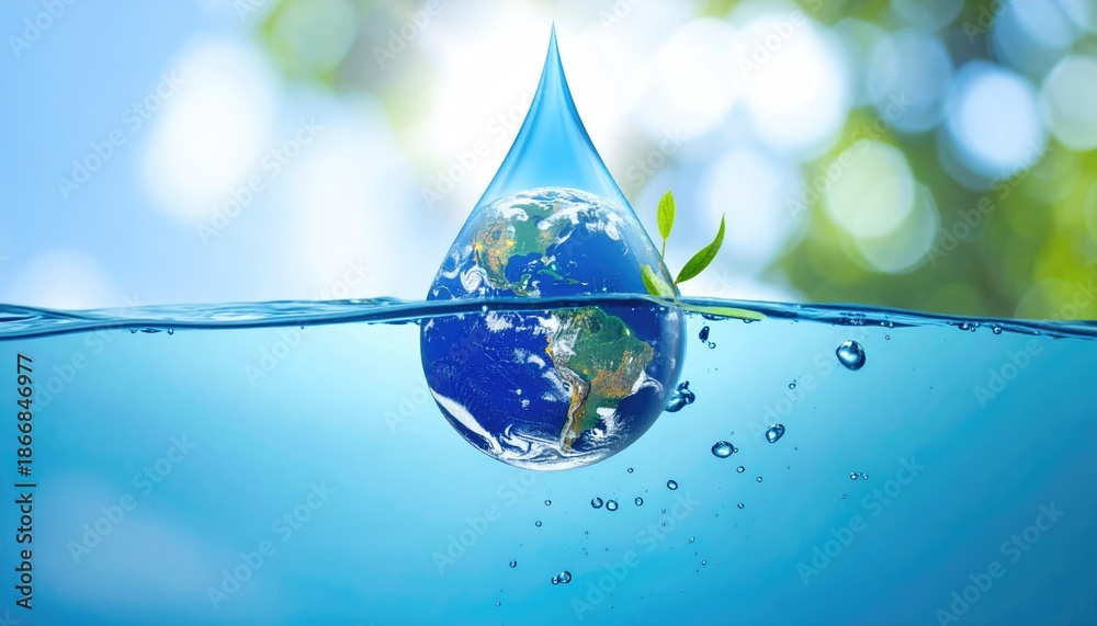 Fototapeta premium World in a Drop: Earth encapsulated in a glistening water droplet, illustrating global responsibility and the importance of conservation, all set against a tranquil sky.