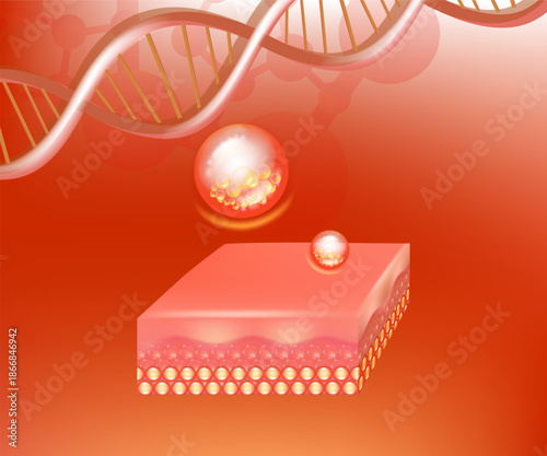 Hyaluronic acid and Niacinamide skin solutions ad, red collagen serum drops into skin cell with cosmetic advertising background ready to use, illustration vector.