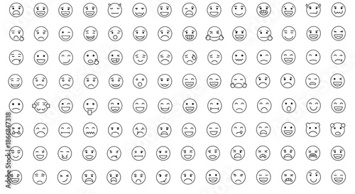 Comprehensive set of one hundred emoji and emoticon line icons showing a wide range of emotions and facial expressions.