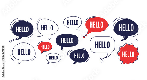Collection of stylized speech bubbles with the word hello, showing different designs for greetings and communication concepts.