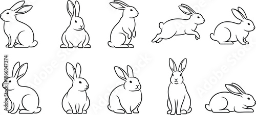 Minimalist black and white line art vector collection of rabbit and bunny icons featuring various poses including sitting, standing, jumping, and profile views.