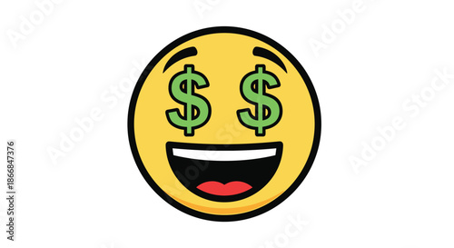Cartoon emoji with green dollar signs for eyes and a wide-open smile, representing wealth, money, and financial success.