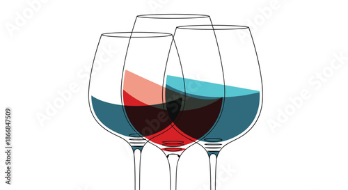 Modern and minimalist illustration of three overlapping wine glasses with red and blue liquid, creating a stylish design.
