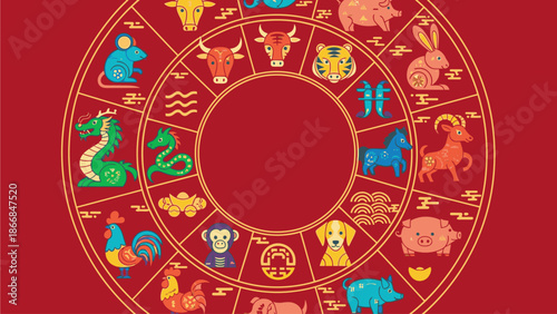 Vibrant illustration of the Chinese zodiac calendar with colorful animal symbols arranged in a circular pattern on a red background, representing the Chinese New Year or Chinese Day