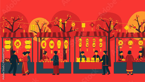 Vibrant digital illustration of people shopping at a traditional Chinese Day market with red and yellow lanterns, trees, and stalls at dusk.
