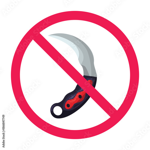 No kerambit sign, forbidden sign with kerambit icon, blade weapon forbidden sign, prohibited sharp weapon icon, vector illustration