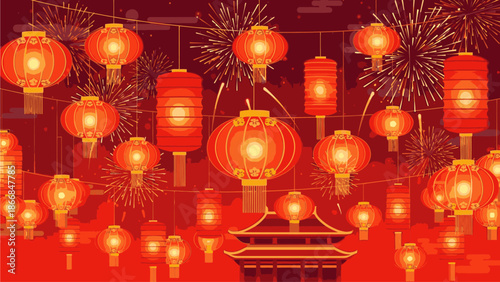 Vibrant red lanterns and fireworks illuminate a Chinese pavilion on a festive night during Chinese Day with a joyful atmosphere.