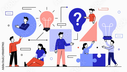 Diverse team collaborating on innovative ideas with lightbulbs and puzzles