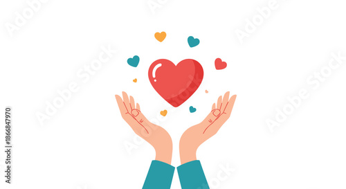 Illustration of two hands holding up a large red heart with smaller colorful hearts floating around, symbolizing love and care.
