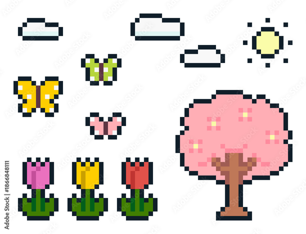 Fototapeta premium 8-bit pixel art spring sakura tree, tulips and butterfly set